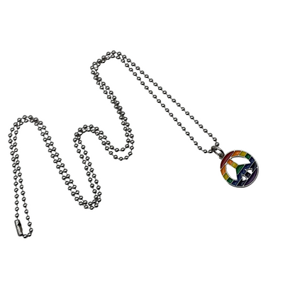 Metallic rainbow peace sign necklace on a ball chain against a white background