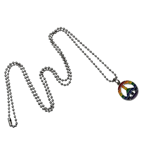 Metallic rainbow peace sign necklace on a ball chain against a white background