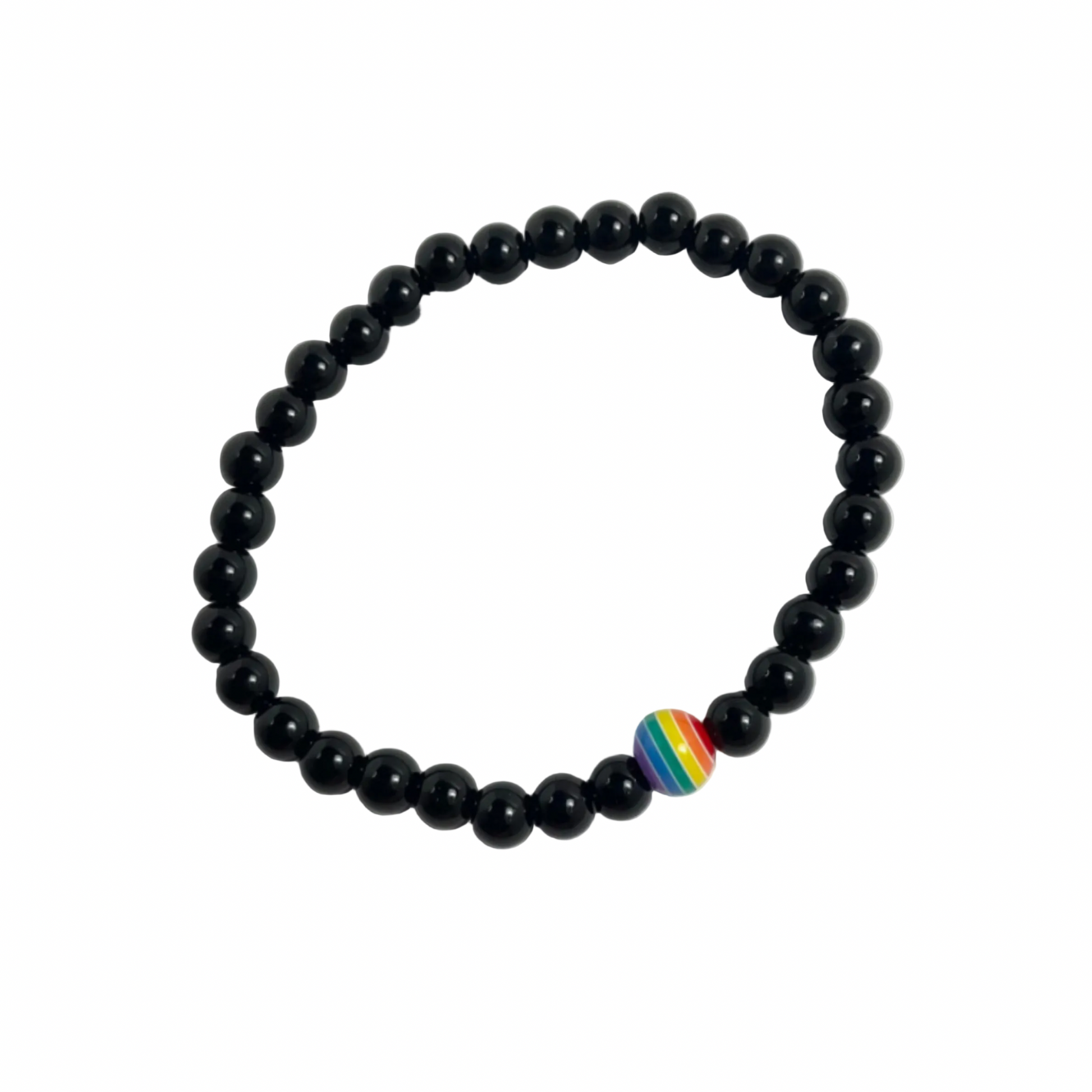 Black beaded stretch bracelet with a focal rainbow Pride bead charm displayed on a white background