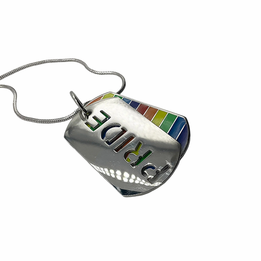 Colorful pendant with 'PRIDE' cut out above a second tag with the rainbow flag on it displayed on a white background