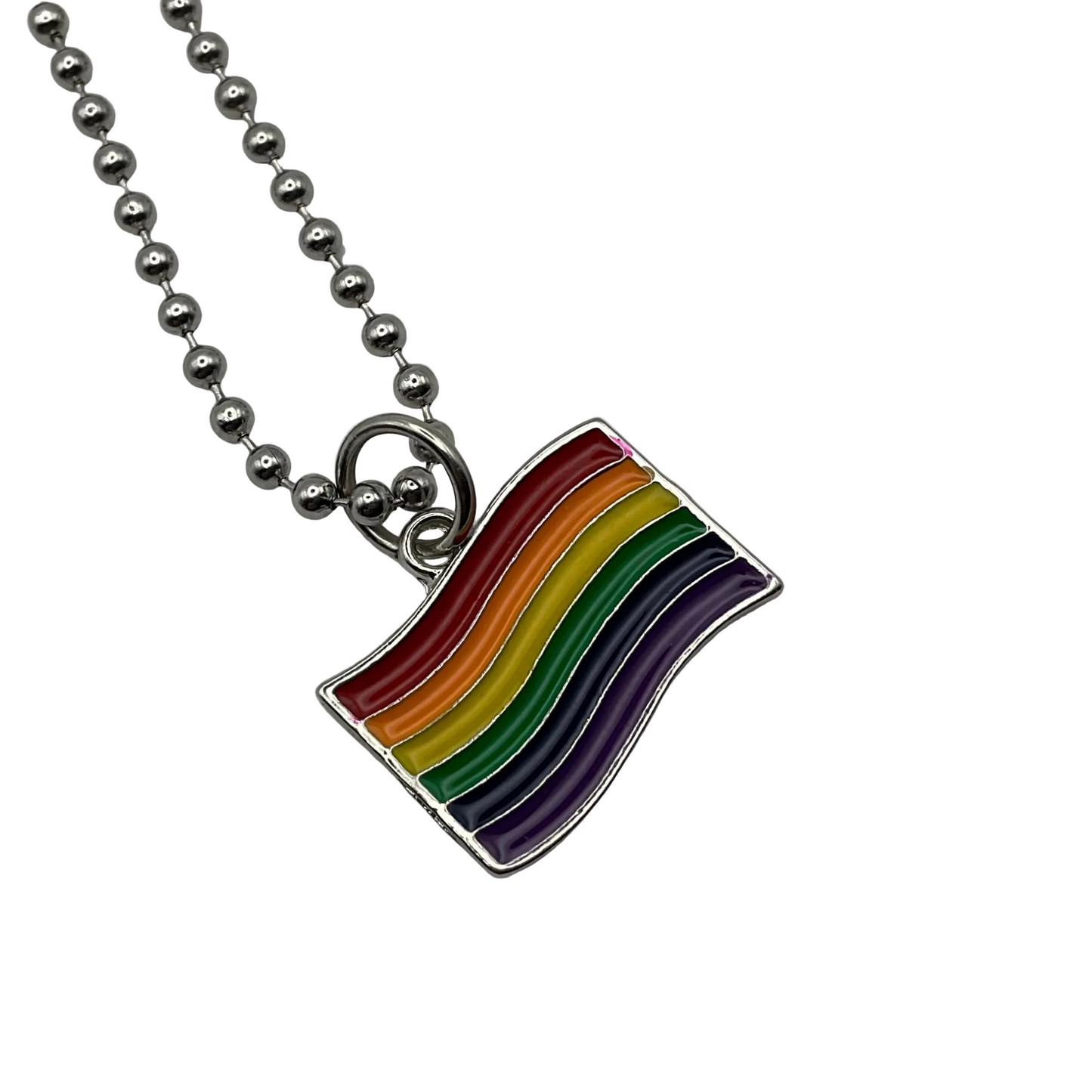 Rainbow flag pride charm necklace on a ball chain against a white background