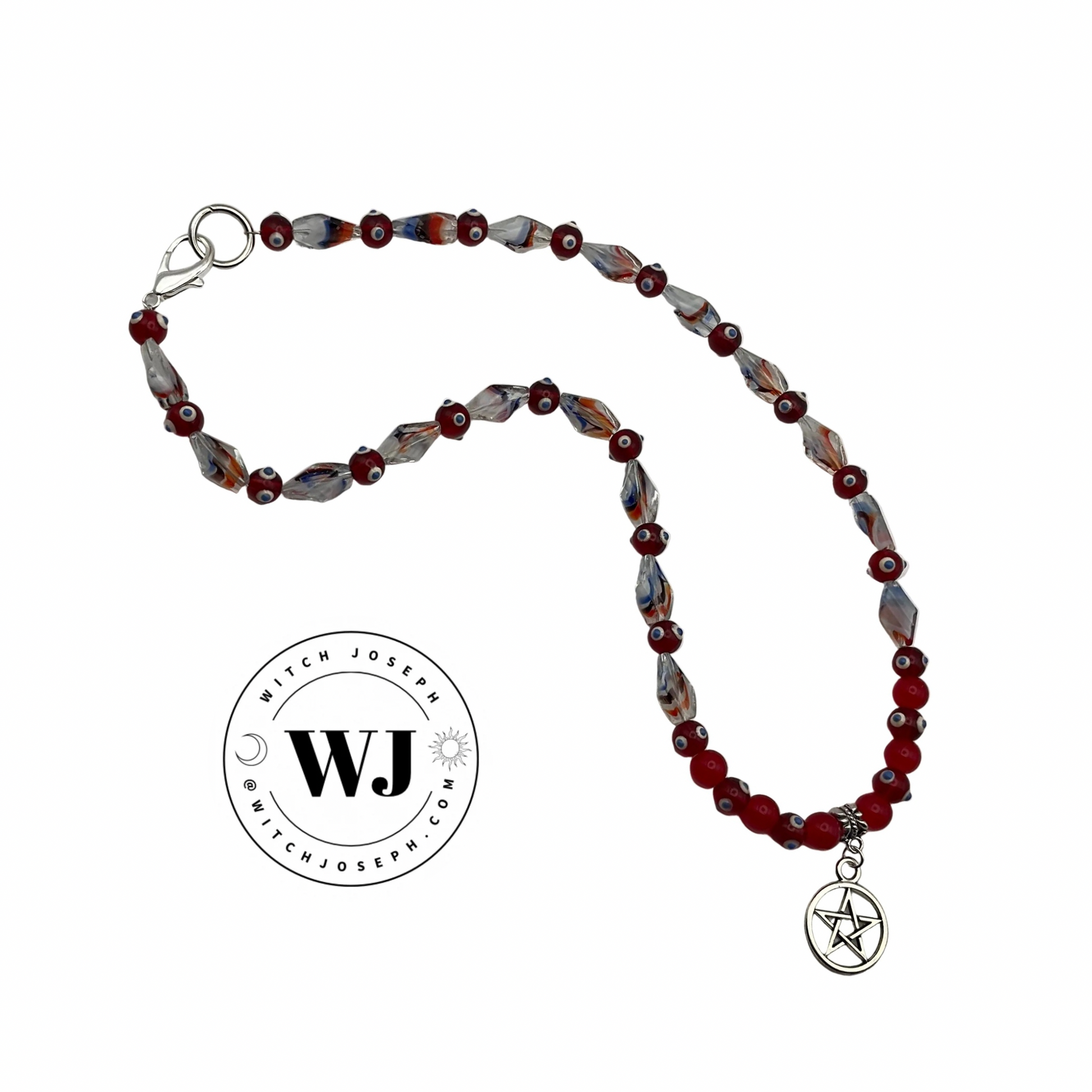 Red Nazar and Art Beads Beaded necklace with a pentagram charm on a white background, featuring the brand 'Witch Joseph'.