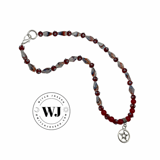 Red Nazar and Art Beads Beaded necklace with a pentagram charm on a white background, featuring the brand 'Witch Joseph'.