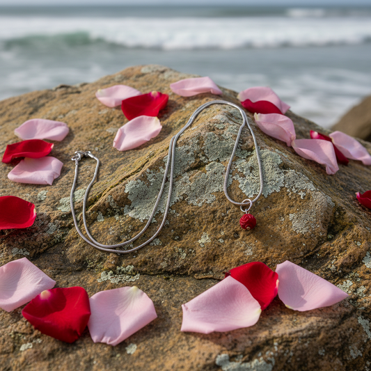 Silver tone necklace with a red coral pendant on a rock with pink and red rose petals, ocean in the background