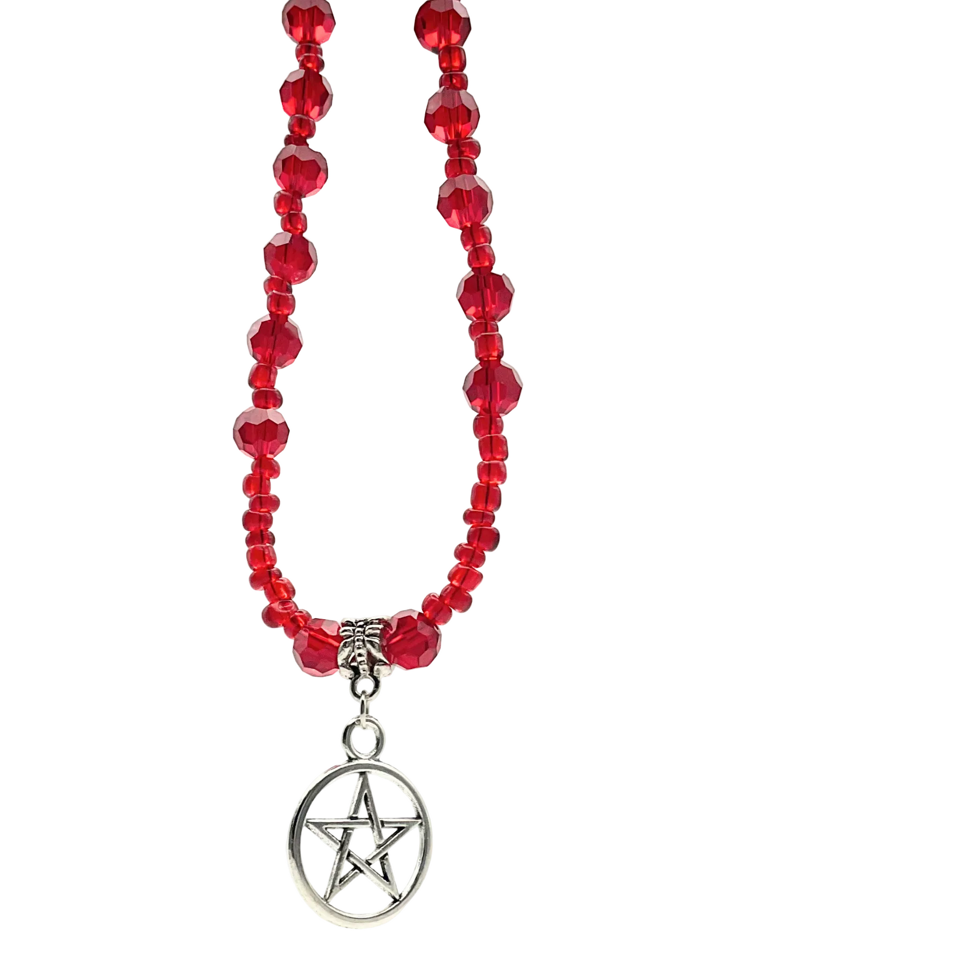 Red crystal beaded necklace with a silver tone pentagram pendant on a white background