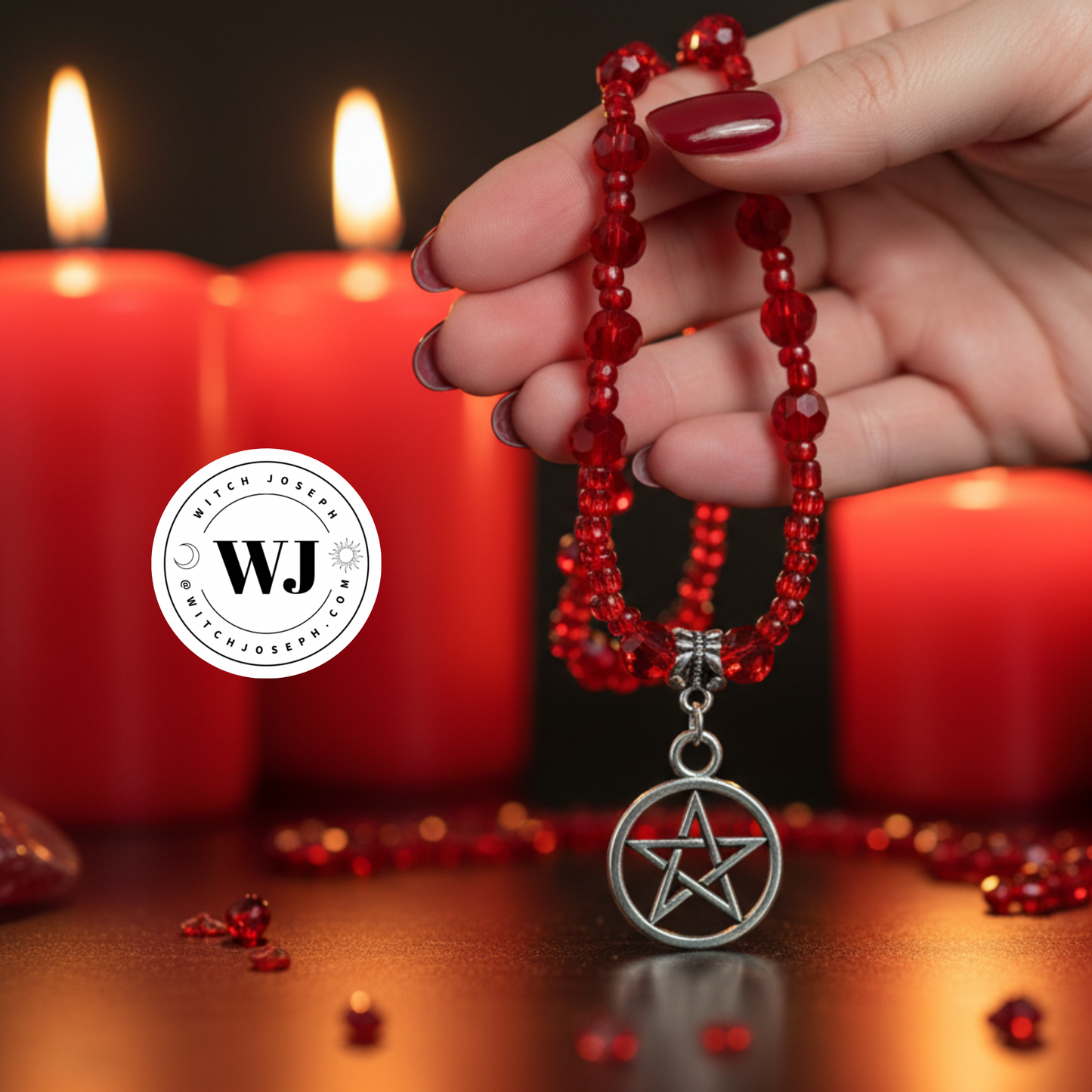 A Red crystal beaded necklace with a silver tone Pentacle is being held by a woman’s hand with red nails amid red candles and red crystals…the Witch Joseph logo is also on the picture