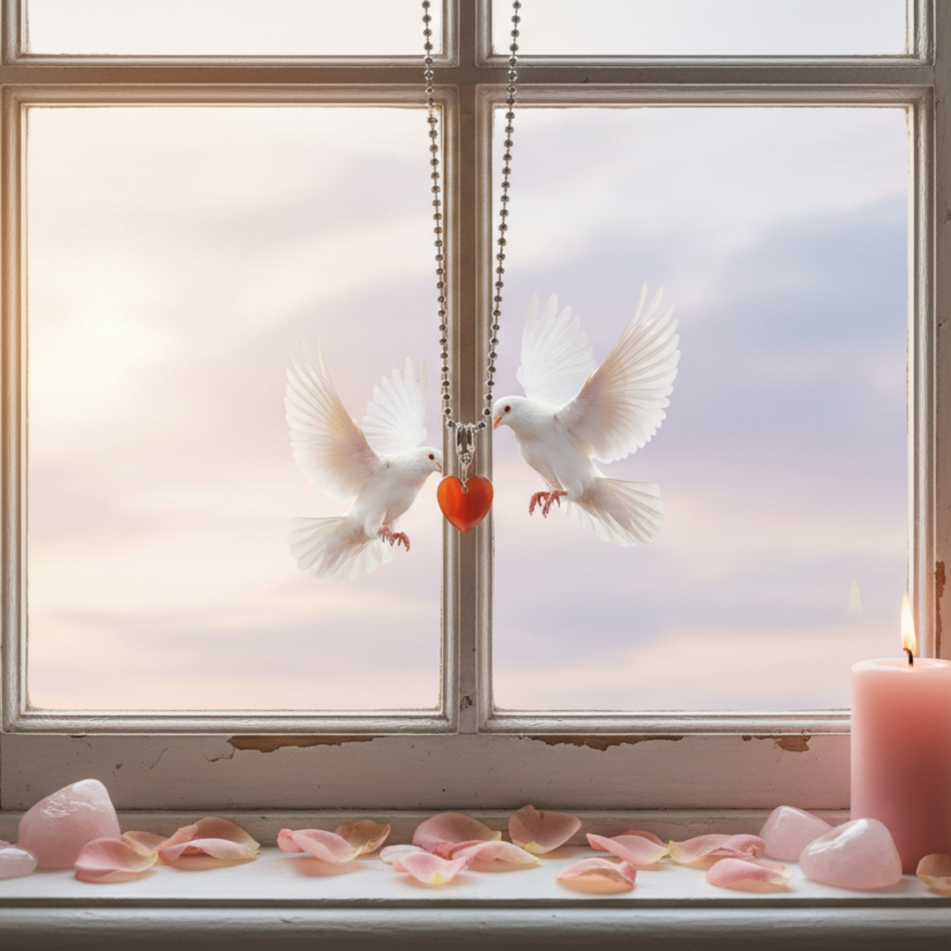 Two white doves flying towards a red heart crystal pendant charm necklace hanging in the window…with pink petals and a lit pink candle on a windowsill