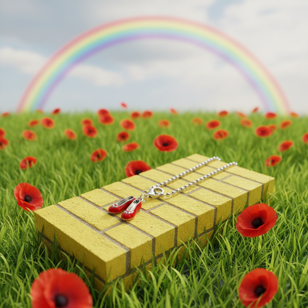 Yellow brick with a necklace featuring red shoes on grass with red poppies and a rainbow in the sky.