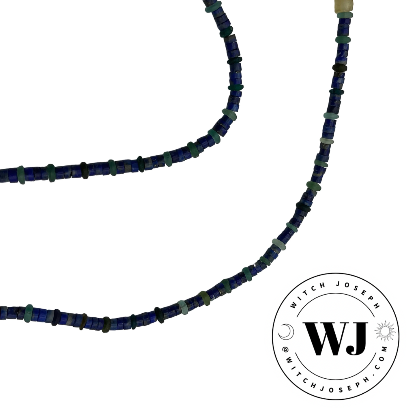 Beaded necklace with blue and green and yellow beads displayed on a white background, featuring the Witch Joseph logo.