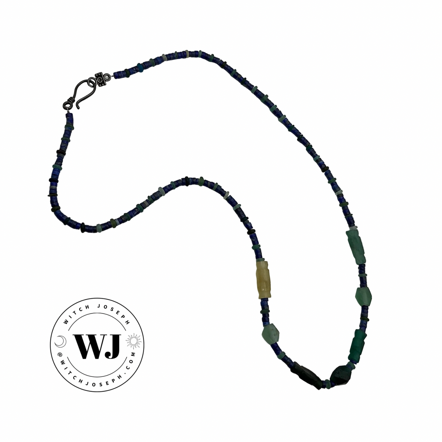 Roman Glass beads with Lapis Lazuli Necklace with blu, green and yellow beads displayed on a white background with the Witch Joseph logo