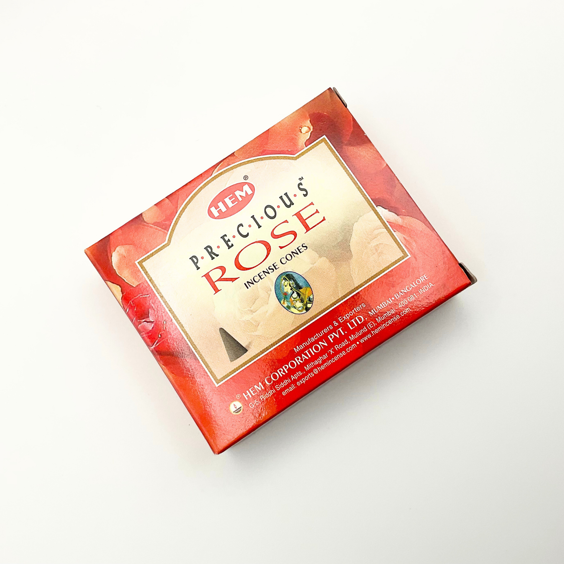 Box of HEM Precious Rose Incense Cones on a white background