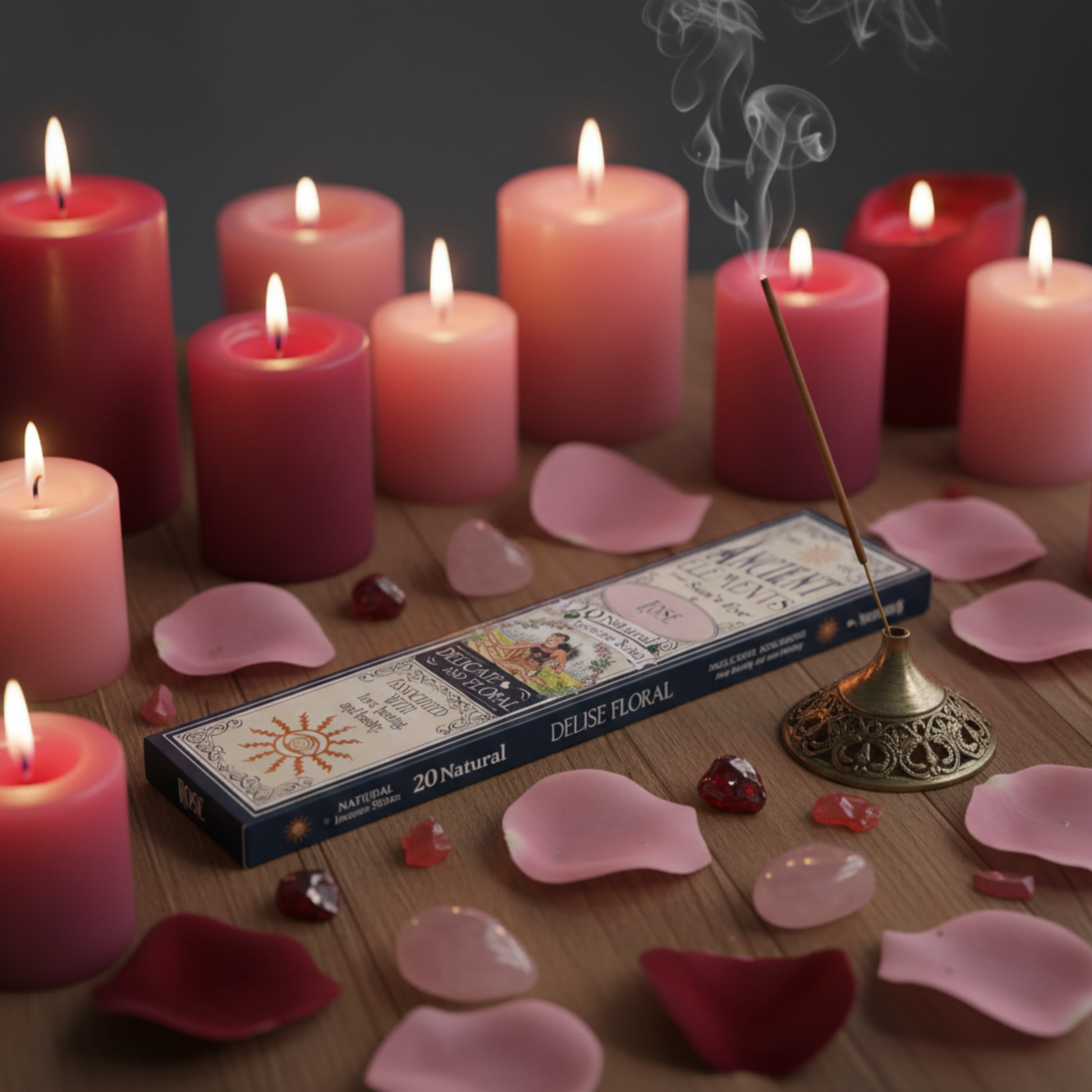 package of Rose incense from suns eye ancient elements with a lit stick of incense on a witch altar with roses and pink crystals and candles.