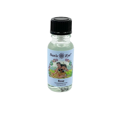 Small bottle of Sun's Eye Rose Oil on a white background