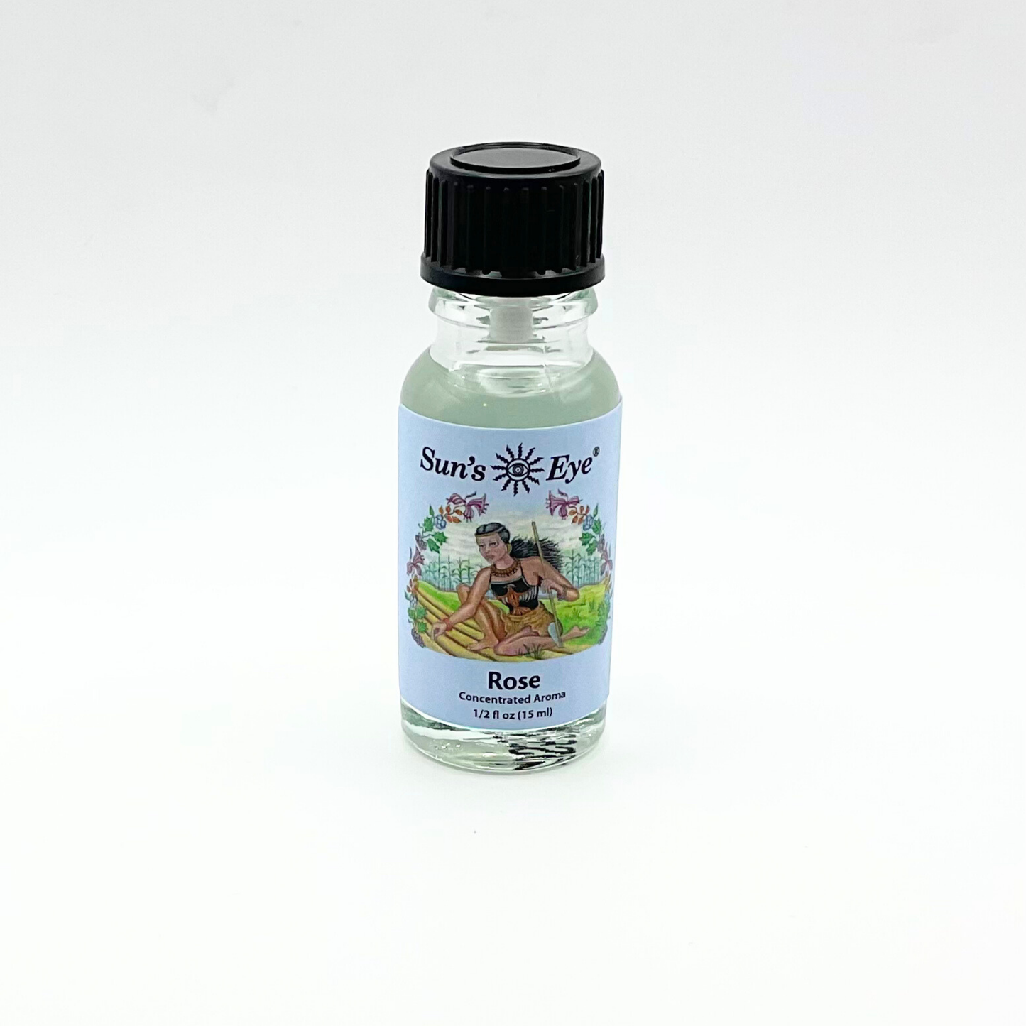 Small bottle of Sun's Eye Rose Oil on a white background
