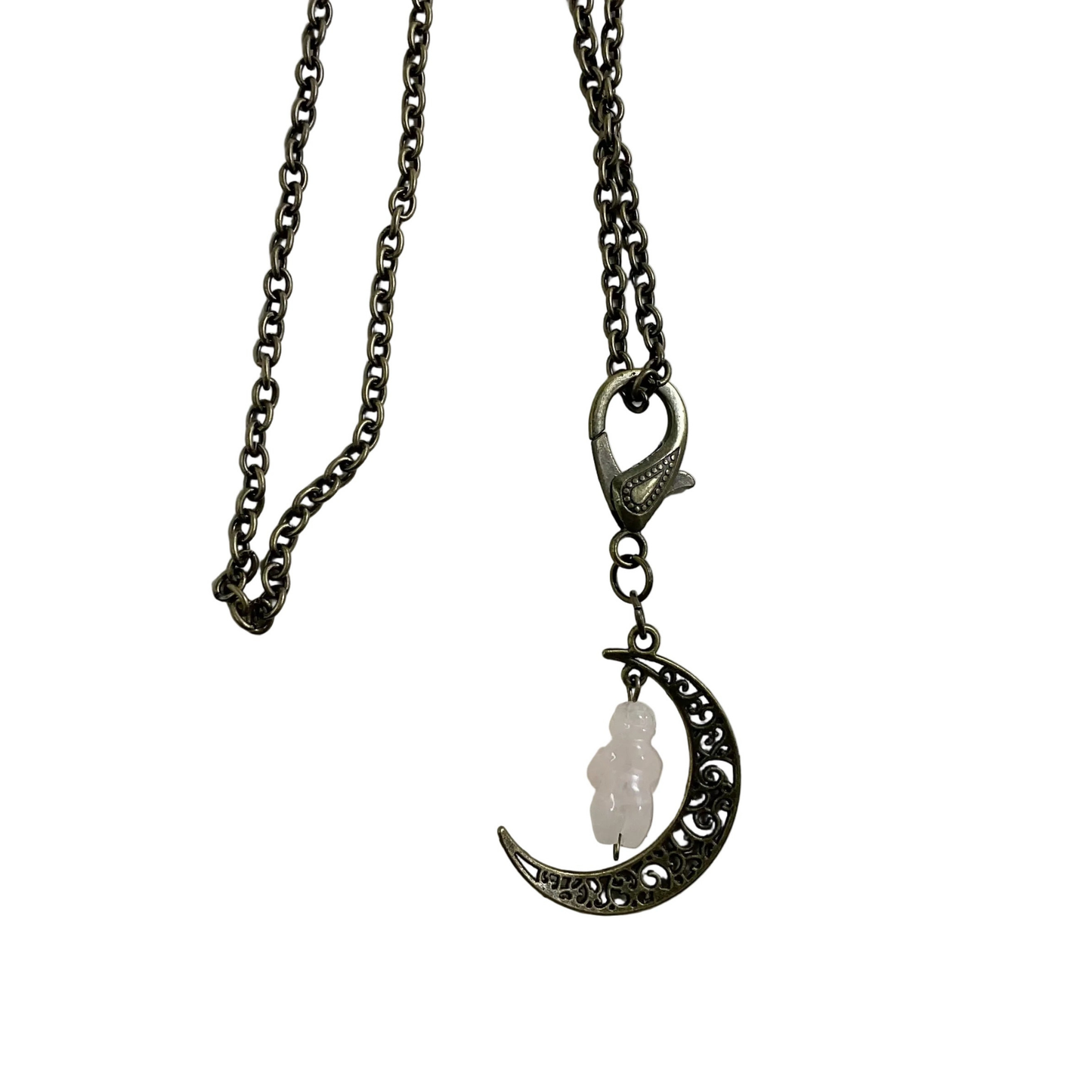Bronze tone Necklace with a crescent moon and rose quartz goddess pendant displayed on a white background