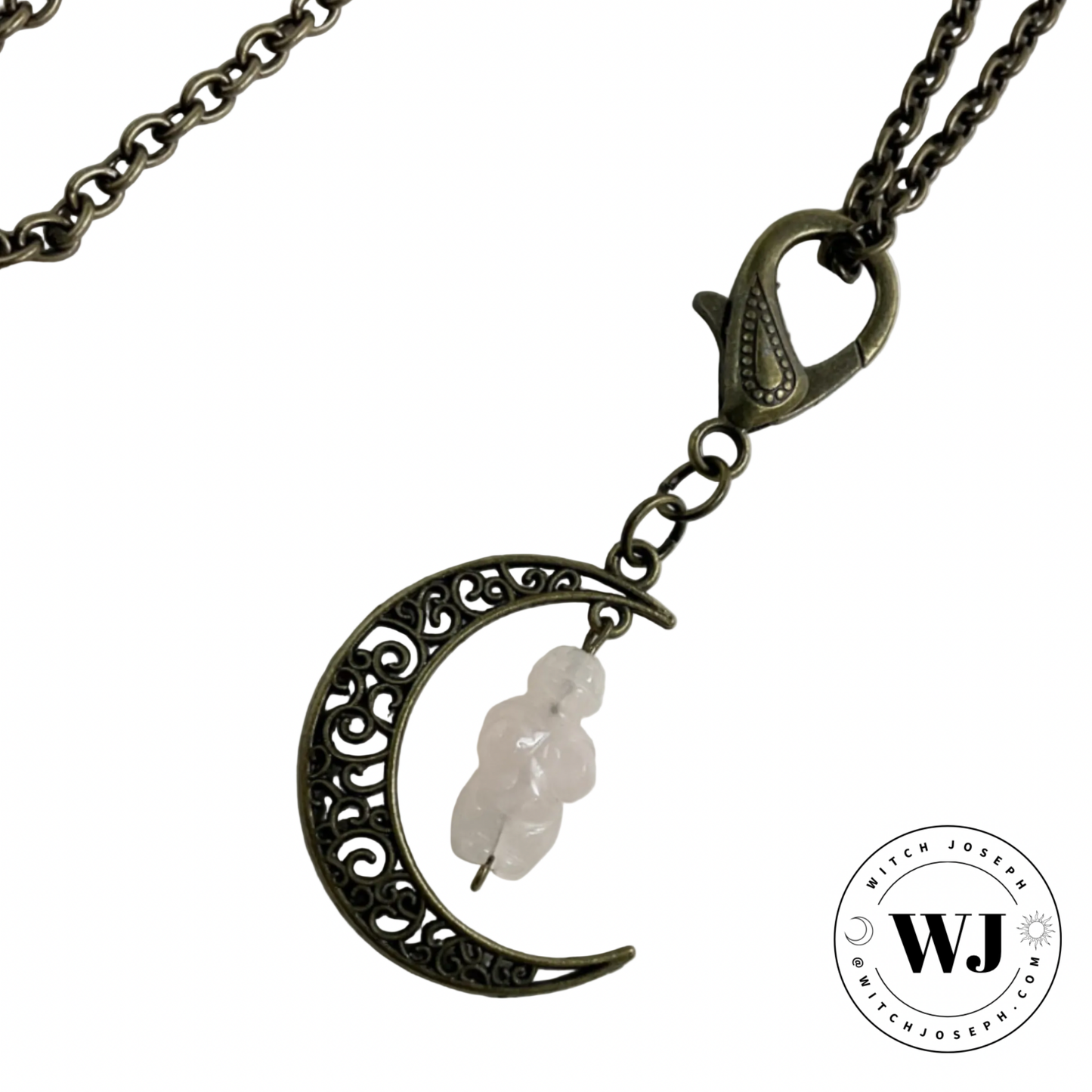 Necklace with moon-shaped pendant and rose quartz Goddess Bead displayed on a white background, featuring the brand 'Witch Joseph”