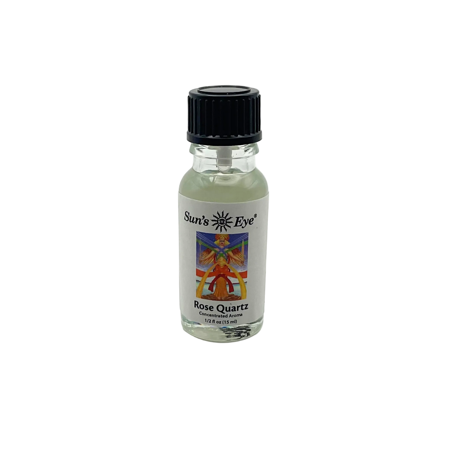 A bottle of Suns Eye Rose Quartz oil against a white background