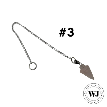 Metal chain with rose quartz pendulum on a white background, featuring the brand 'WJ'…#3