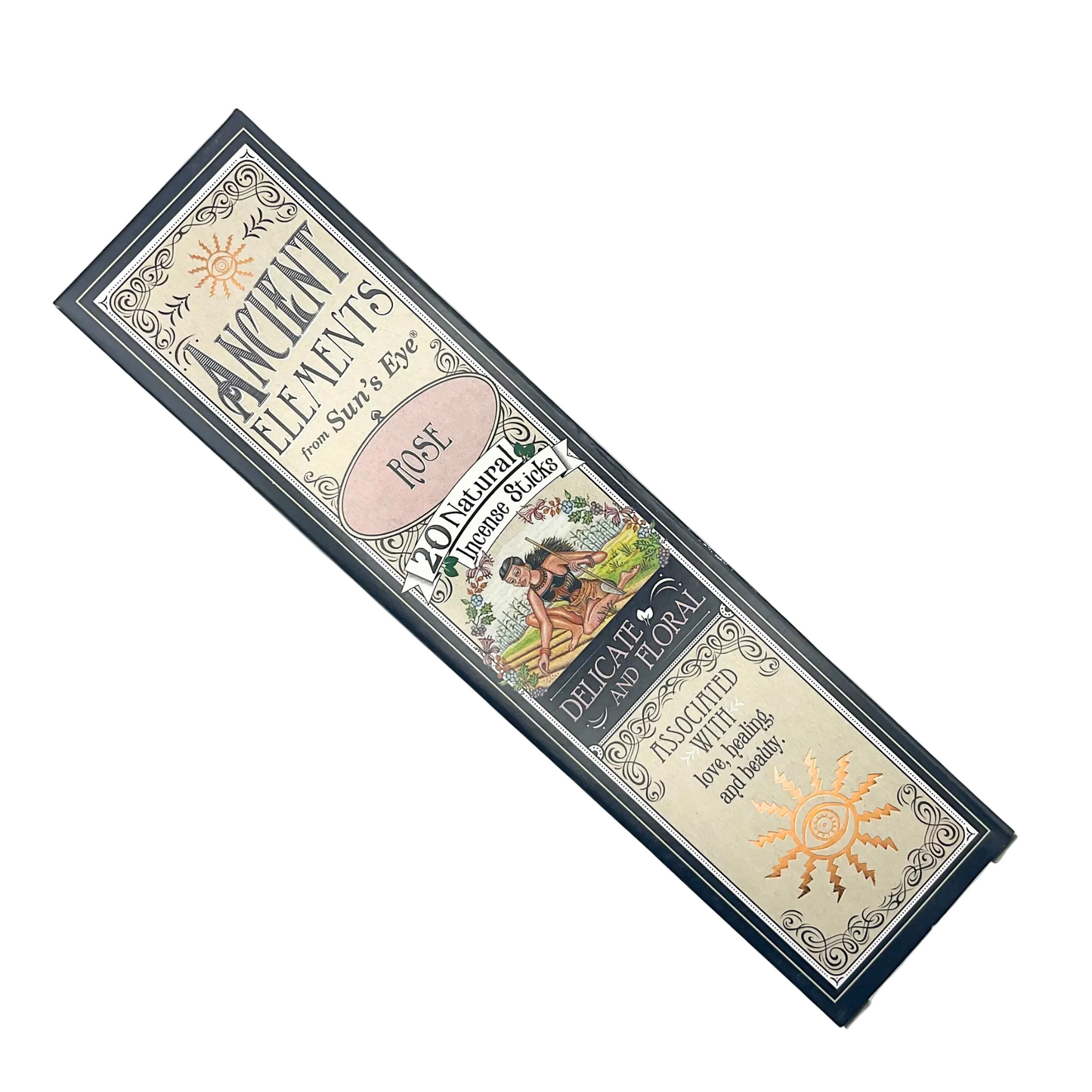 package of 20 rose incense sticks from suns eye ancient elements against a white background.