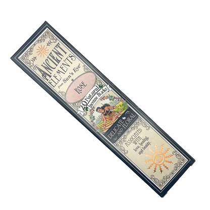 package of 20 rose incense sticks from suns eye ancient elements against a white background.