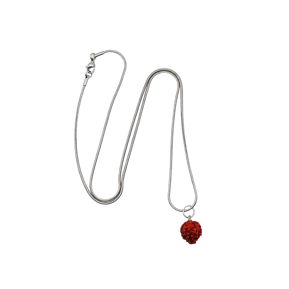 Necklace with a red rudraksha pendant on a white background