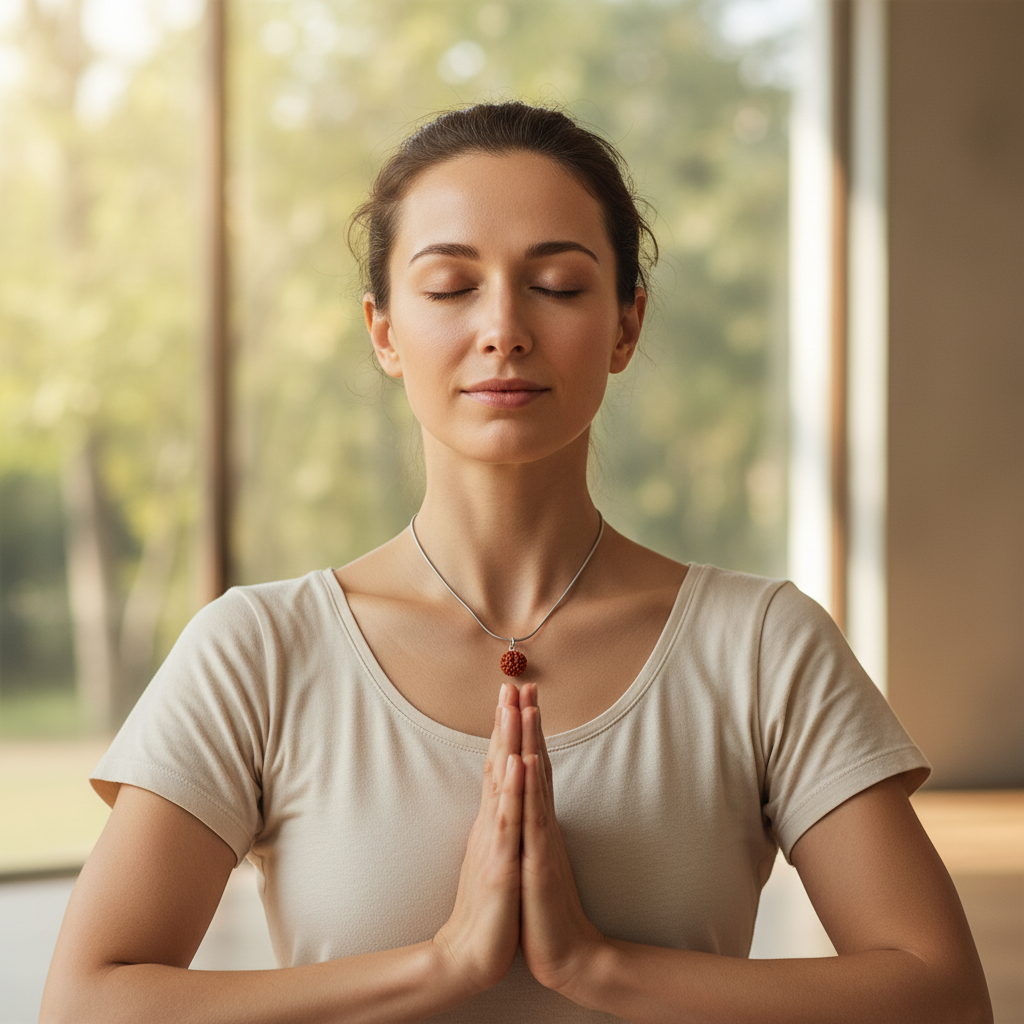 Woman in a beige shirt wearing a rudraksha bead necklace meditating with hands pressed together in front of a window with a blurred green outdoor view.
