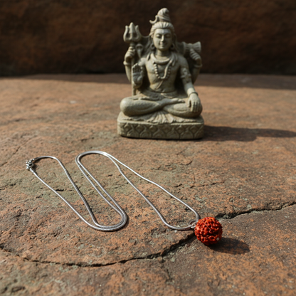 Silver necklace with a red Rudraksha bead pendant in front of a small statue on a textured surface