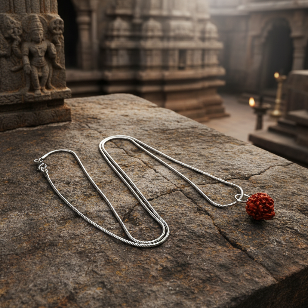 Silver necklace with a red Rudraksha pendant on a stone surface in an ancient temple setting