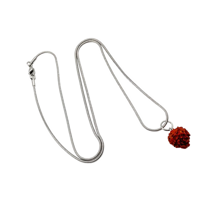 Necklace with a red rudraksha bead pendant on a white background