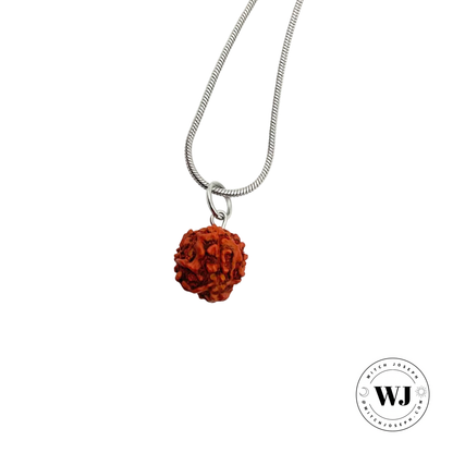 Necklace with a red rudraksha bead pendant displayed on a white background, featuring the brand 'WJ'.