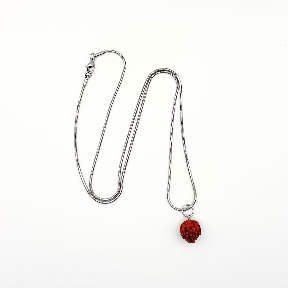 A photo of a Rudraksha Bead necklace on a 24 inch stainless steel chain