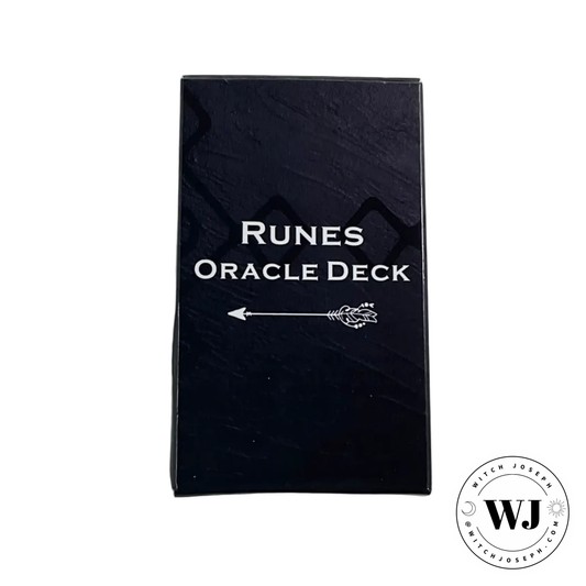Black box with 'Runes Oracle Deck' text and an arrow symbol on a white background