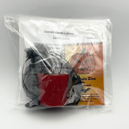 Samhain Candle Lighting Kit packaged and shown from the back of the packaging showing the inside contents.