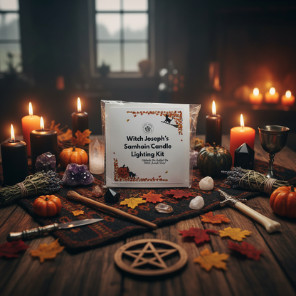 The Witch Joseph Samhain Kit shown on a Witch Altar with candles and Witch tools.