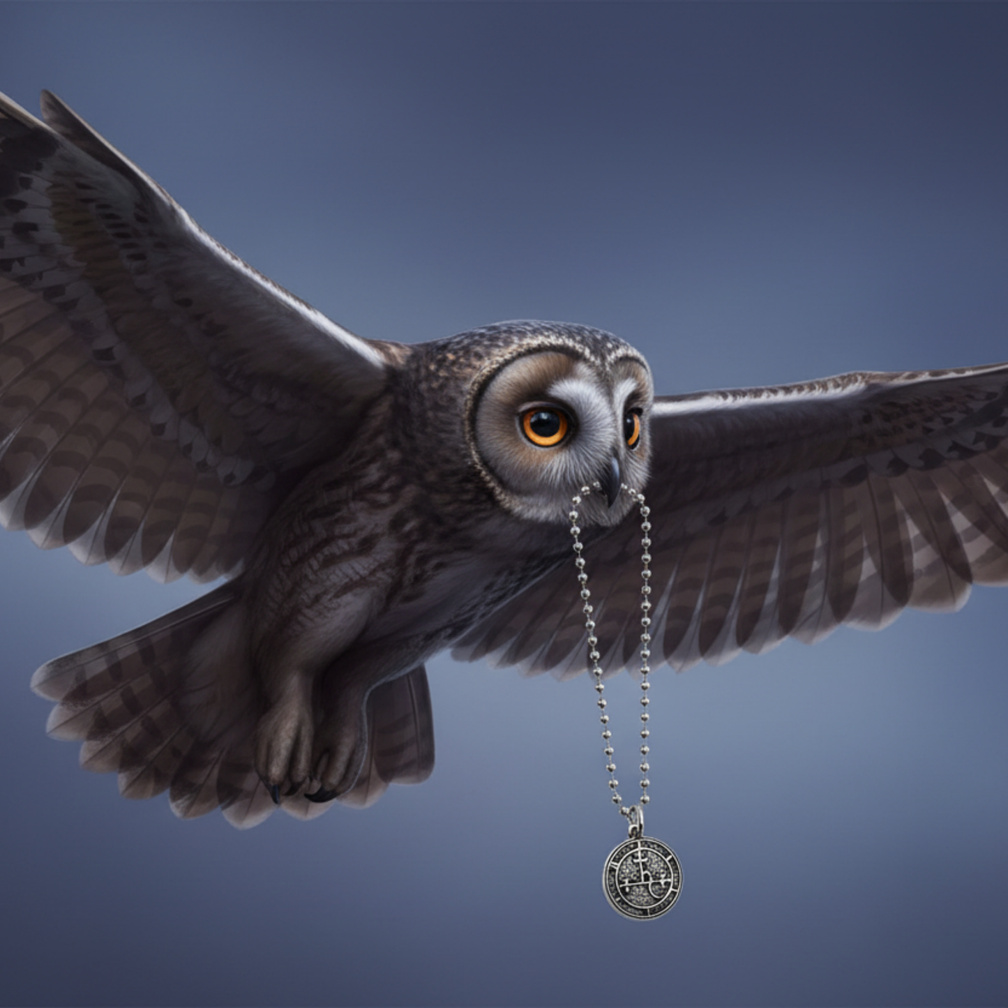 Owl flying with a silver tone ball chain necklace with a Lilith Seal pendant against a dark blue background.