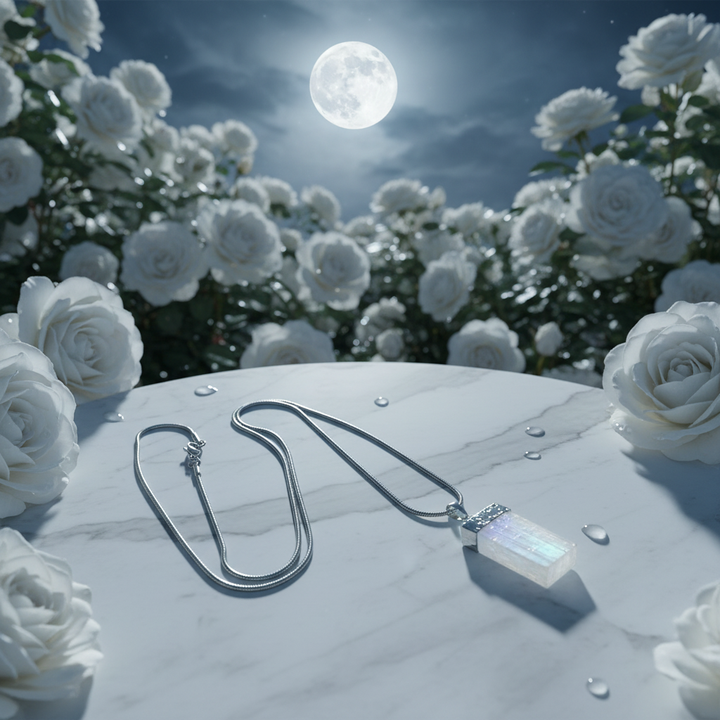 Silver necklace with a selenite pendant on a white stone surface surrounded by white roses under a full moonlit sky.
