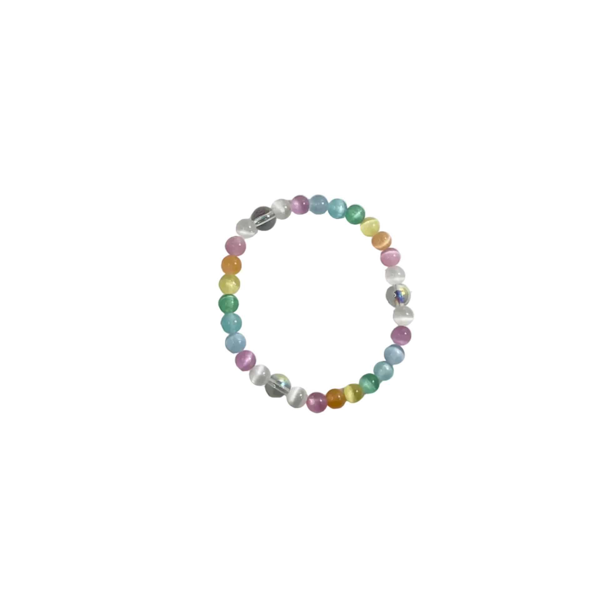 Multicolored pastel selenite beaded stretch bracelet displayed on a white background
