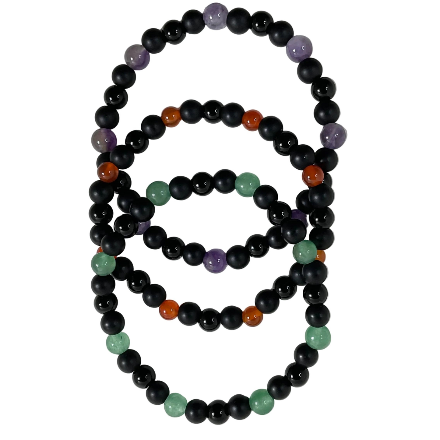 Set of 3 multicolored beaded bracelets, amethyst, carnelian and aventurine…with black beads displayed on a white background