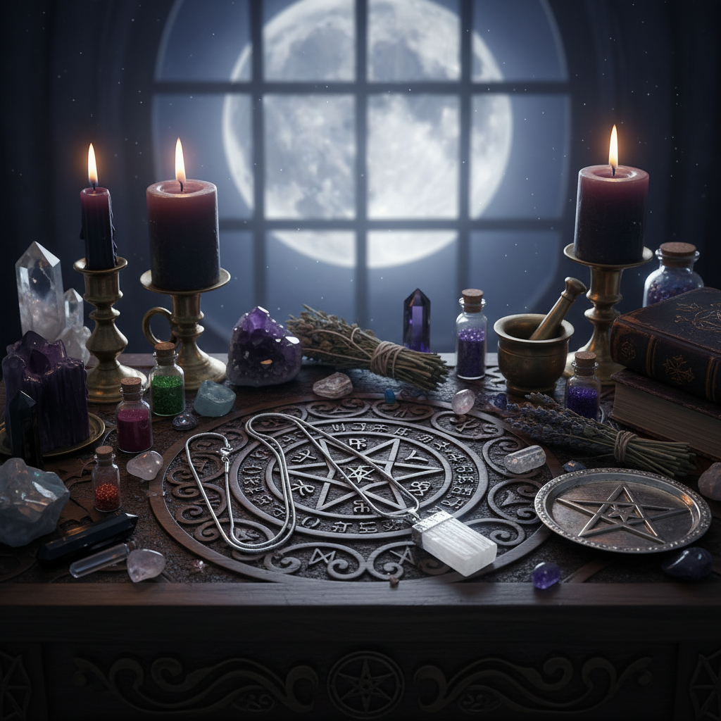 Selenite Amulet on a Witchcraft altar with candles, crystals, and a pentagram symbol in front of a window with a full moon.