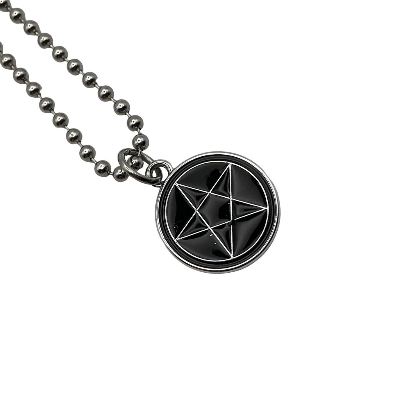 Silver tone ball chain Necklace with a black and silver tone pentagram pentacle pendant on a white background