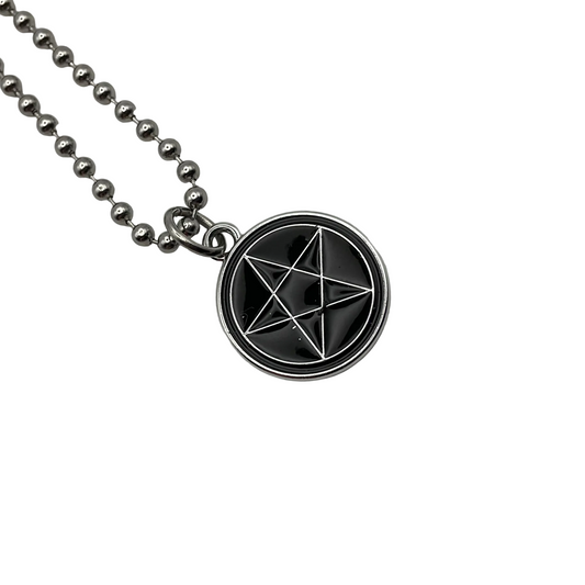 Silver tone ball chain Necklace with a black and silver tone pentagram pentacle pendant on a white background