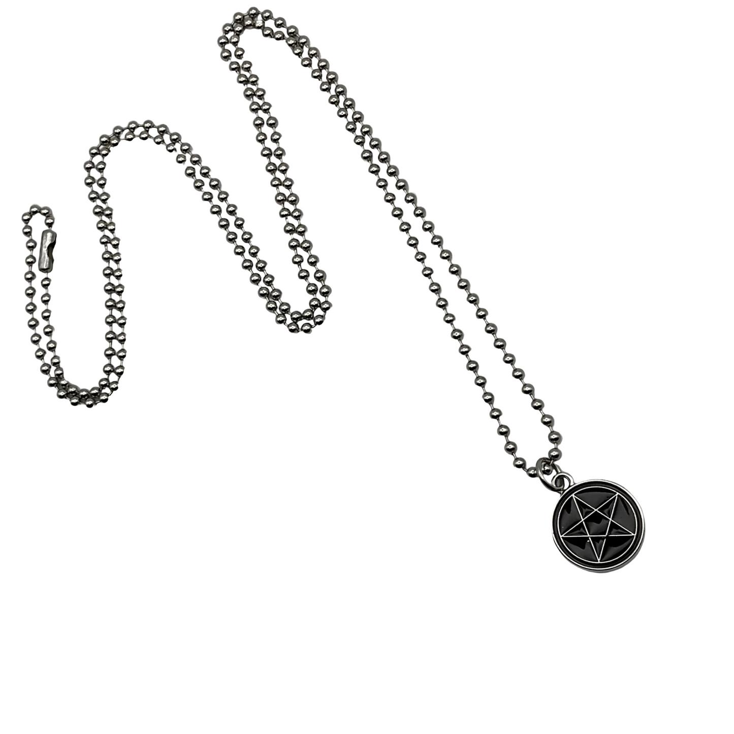 Ball chain silver tone Necklace with a black and silver tone pentagram pentacle pendant on a white background