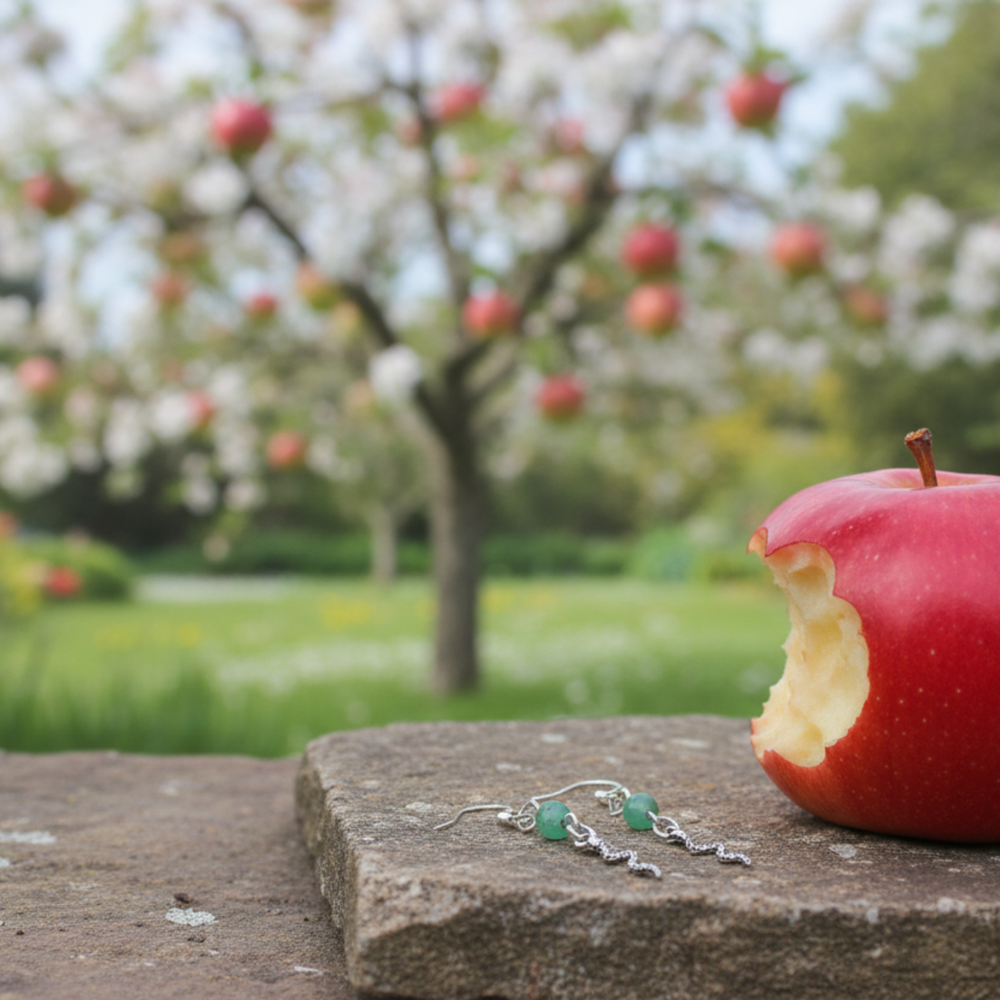 Earrings with green aventurine bead and a silver tone snake dangle displayed laying on a rustic stone ledge in front of beautiful and a flowering tree