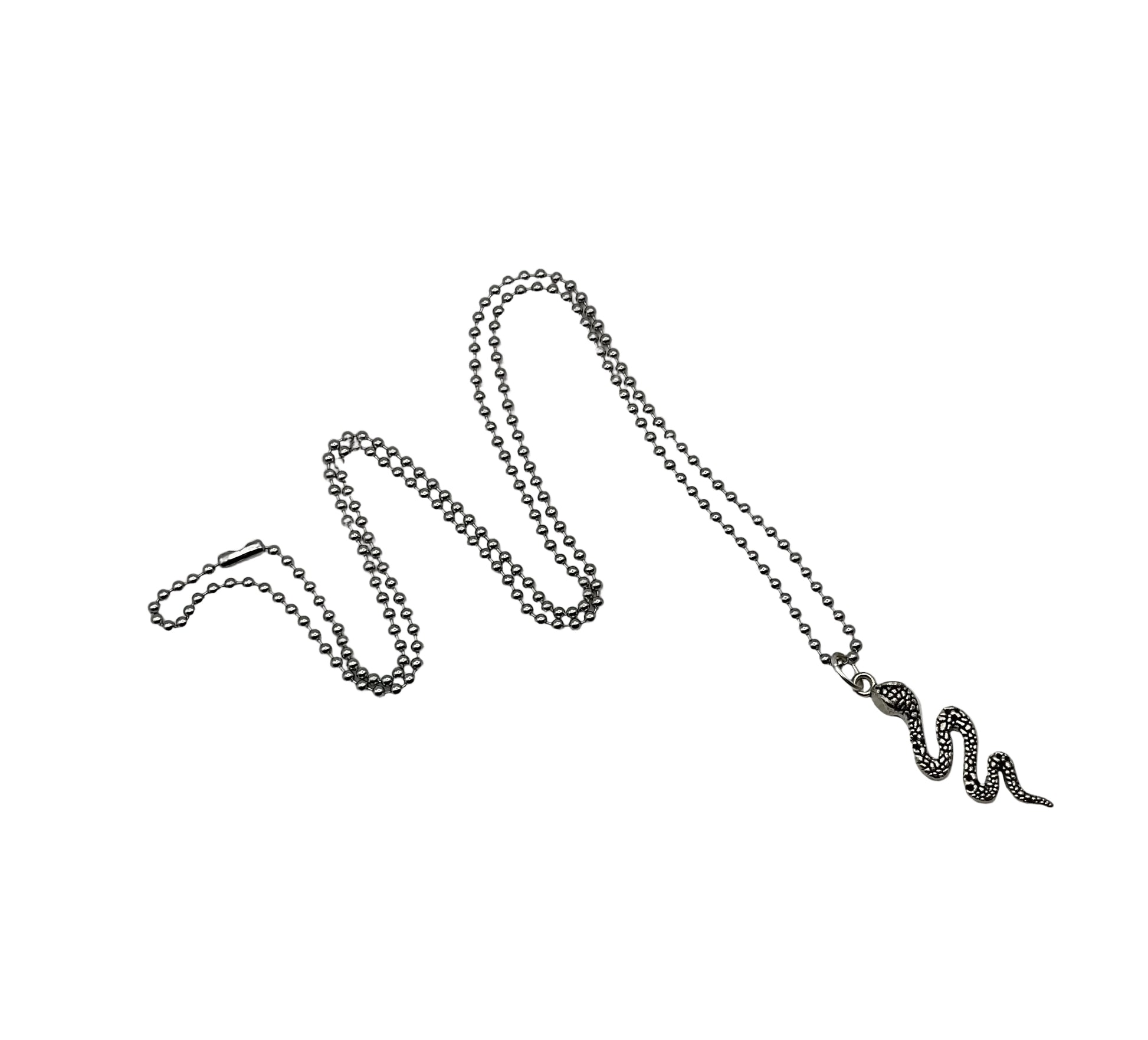 Snake-shaped charm pendant on a ball chain against a white background