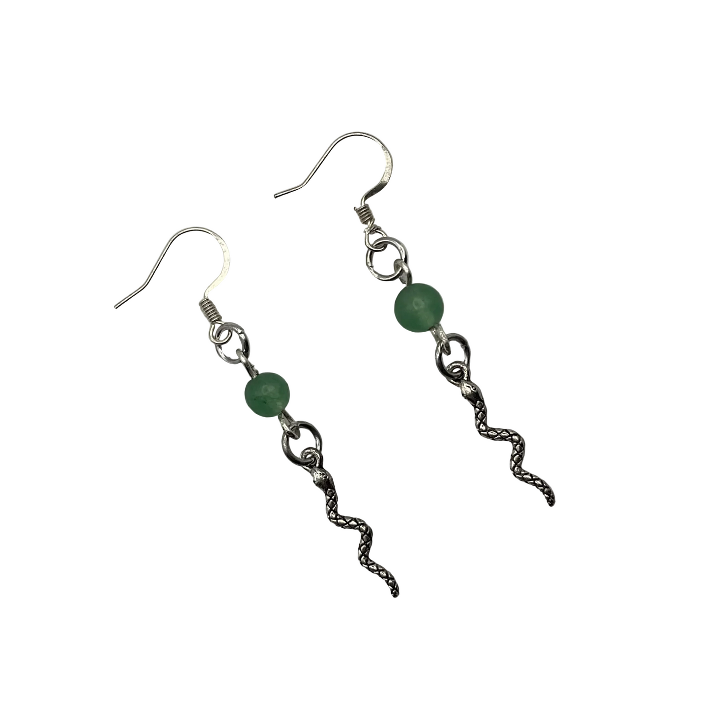 Pair of silver tone earrings with an aventurine focal bead and a silver tone snake dangle displayed against a white background