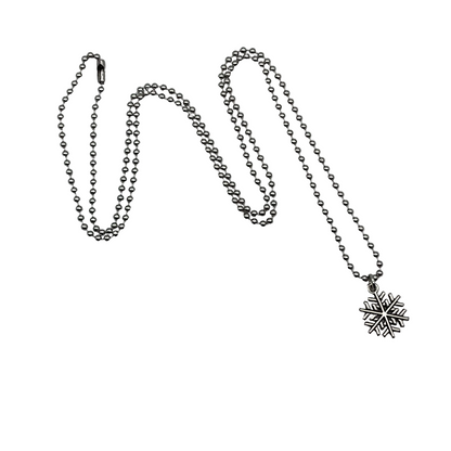 Silver tone ball chain necklace with a snowflake pendant on a white background