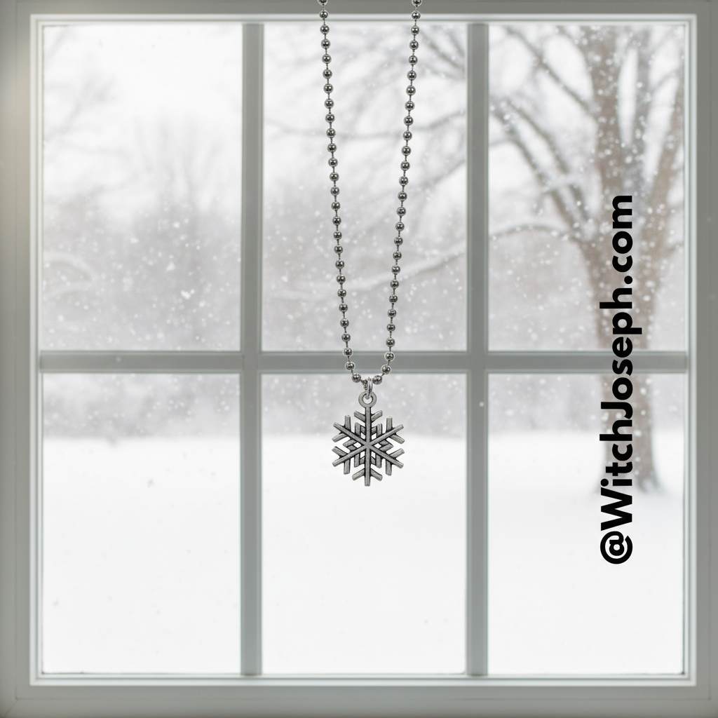 Snowflake charm necklace hanging in front of a window with a snowy scene