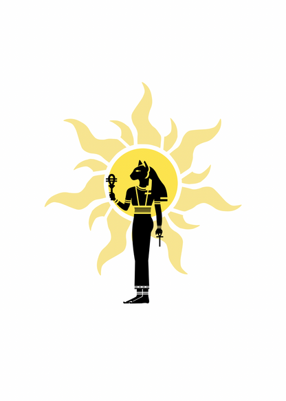A stylized graphic of Goddess Bastet silhouette with a cat-headed Goddess holding a sistrum and an ankh, standing in front of a yellow sun motif on a white background.