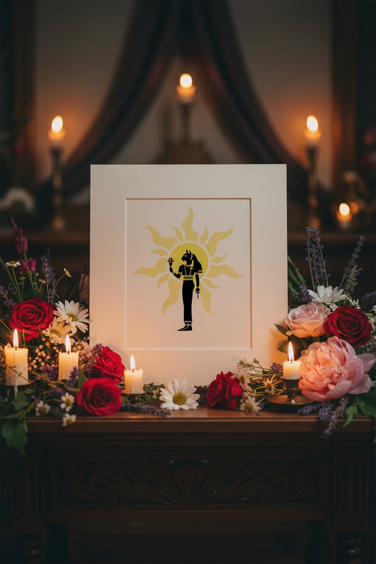 Solar Bastet design with mat displayed on an altar with flowers