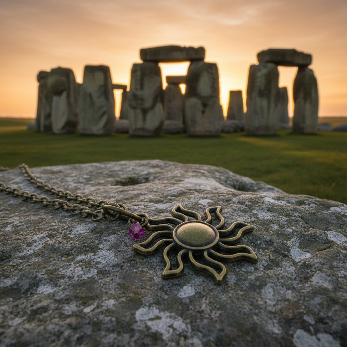 Sun-shaped pendant with a pink crystal accent on a bronze tone chain displayed on a stone surface in front of Stonehenge at sunset.